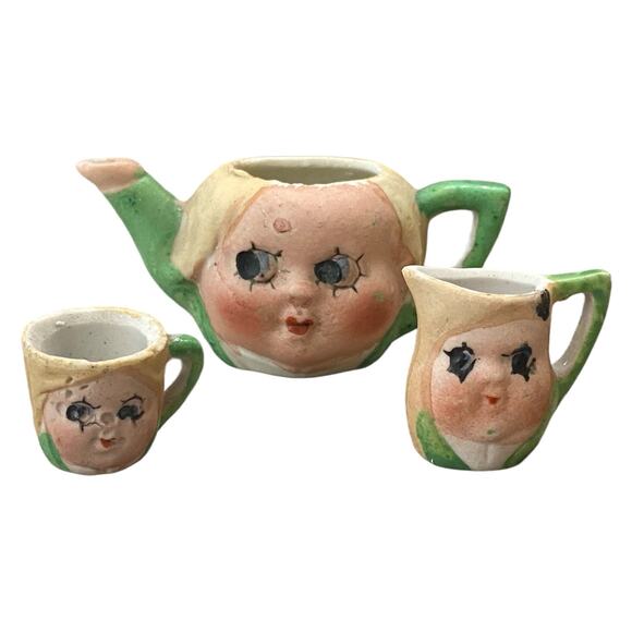 3 Pcs 1920's Kewpie Doll Face Child's Miniature Tea Set Creamer Cup Japan - Picture 1 of 14
